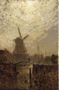 Walter Moras A figure crossing a bridge over a Dutch waterway by moonlight oil on canvas